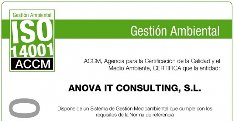 Anova muestra su compromiso con la Sostenibilidad y el Medio Ambiente obteniendo el certificado «UNE EN ISO 14001-2015”