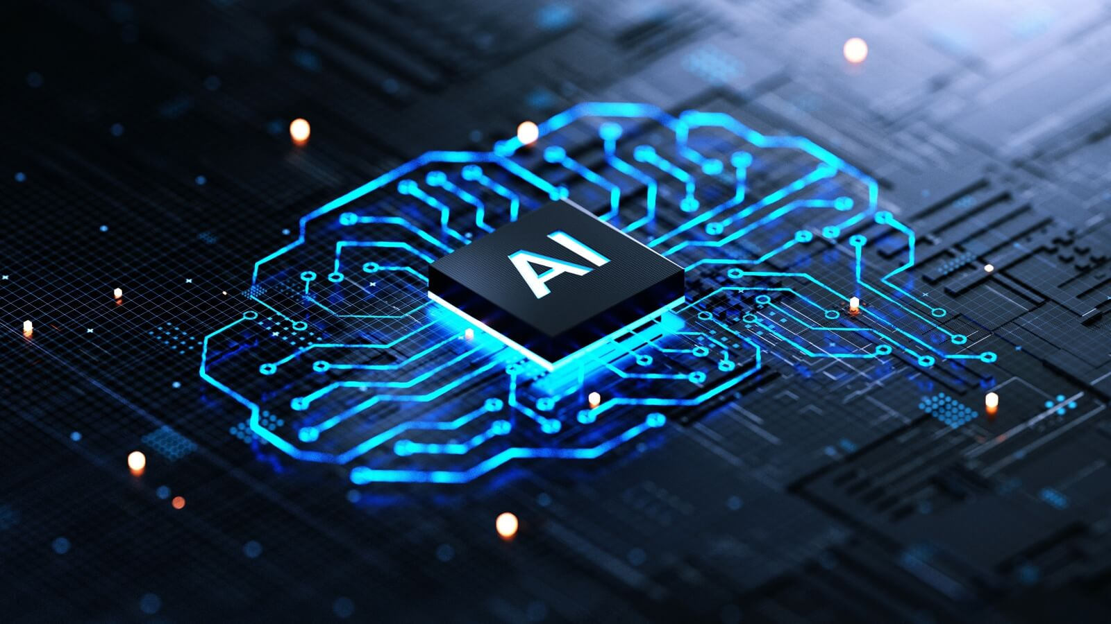 CHIP CON LAS SIGLAS "AI" (INTELIGENCIA ARTIFICIAL) CON UNAS CONEXIONES ILUMINADAS ALREDEDOR CON FORMA DE CEREBRO